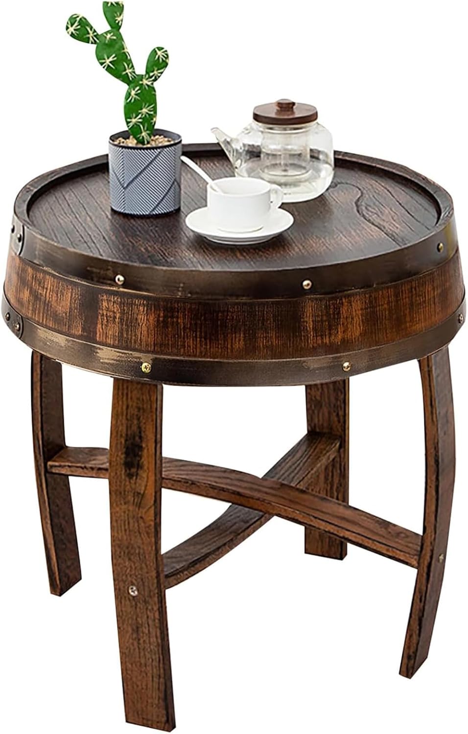 Whiskey Barrel Table,Farmhouse Wine Barrel Bourbon Accent Decor Furniture,Handcrafted Oak Side Table Round Wood End Table 24" Rustic Brown Coffee Table
