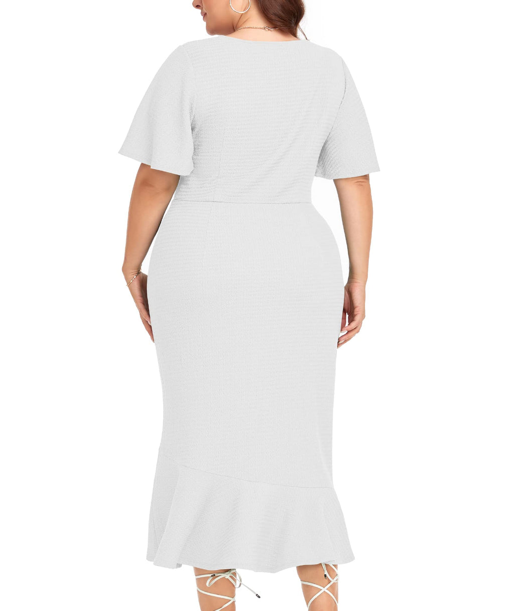 LALAGEN Plus Size Dress for Women Modest Short Sleeve Ruched Bodycon Mermaid Cocktail Midi Dresses White 3X-2