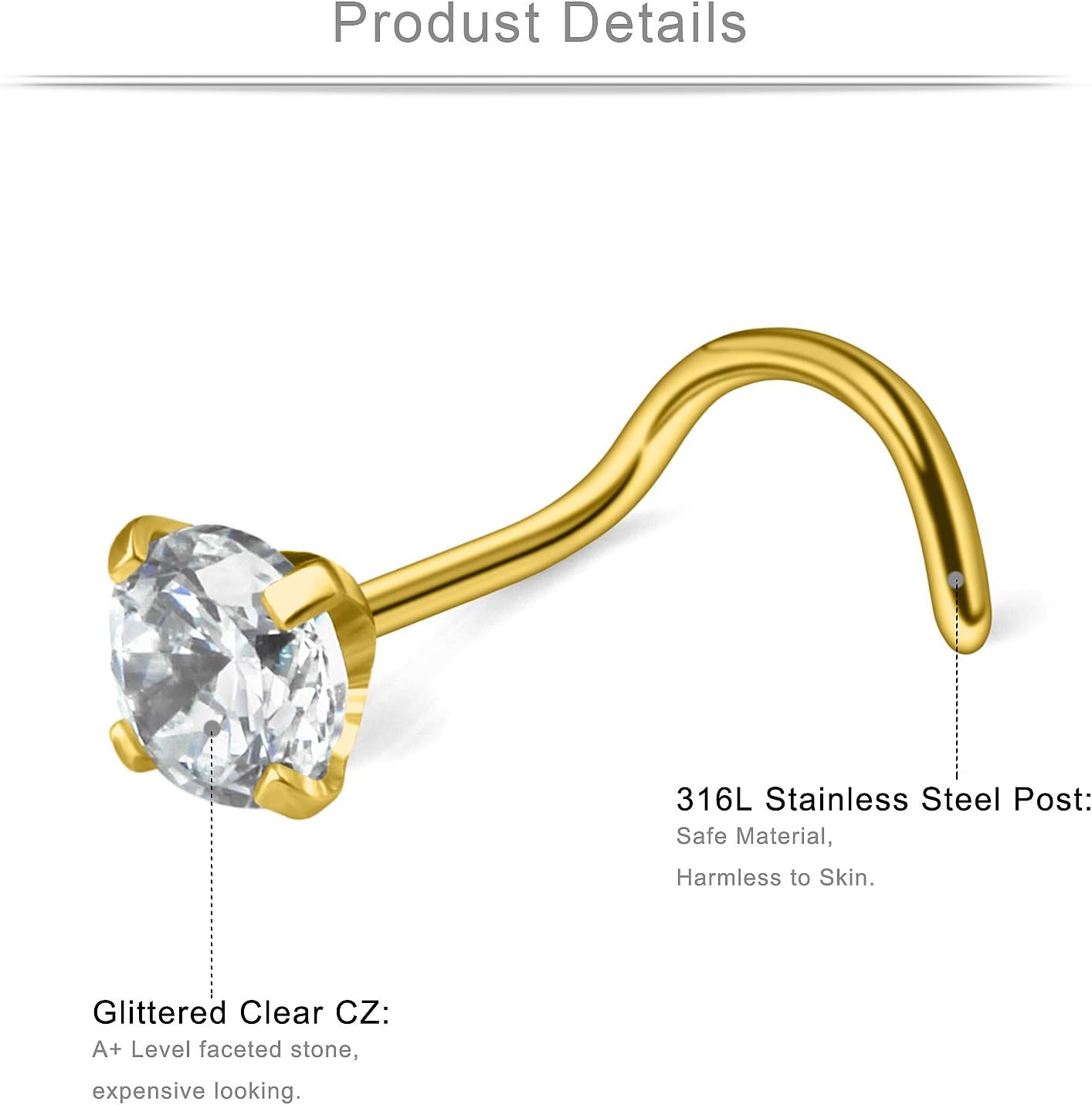 Ruifan 18G 1.5mm 2mm 2.5mm 3mm 3.5mm 4mm Round Diamond CZ Nose Screw Studs Rings Piercing Jewelry 4-12PCS