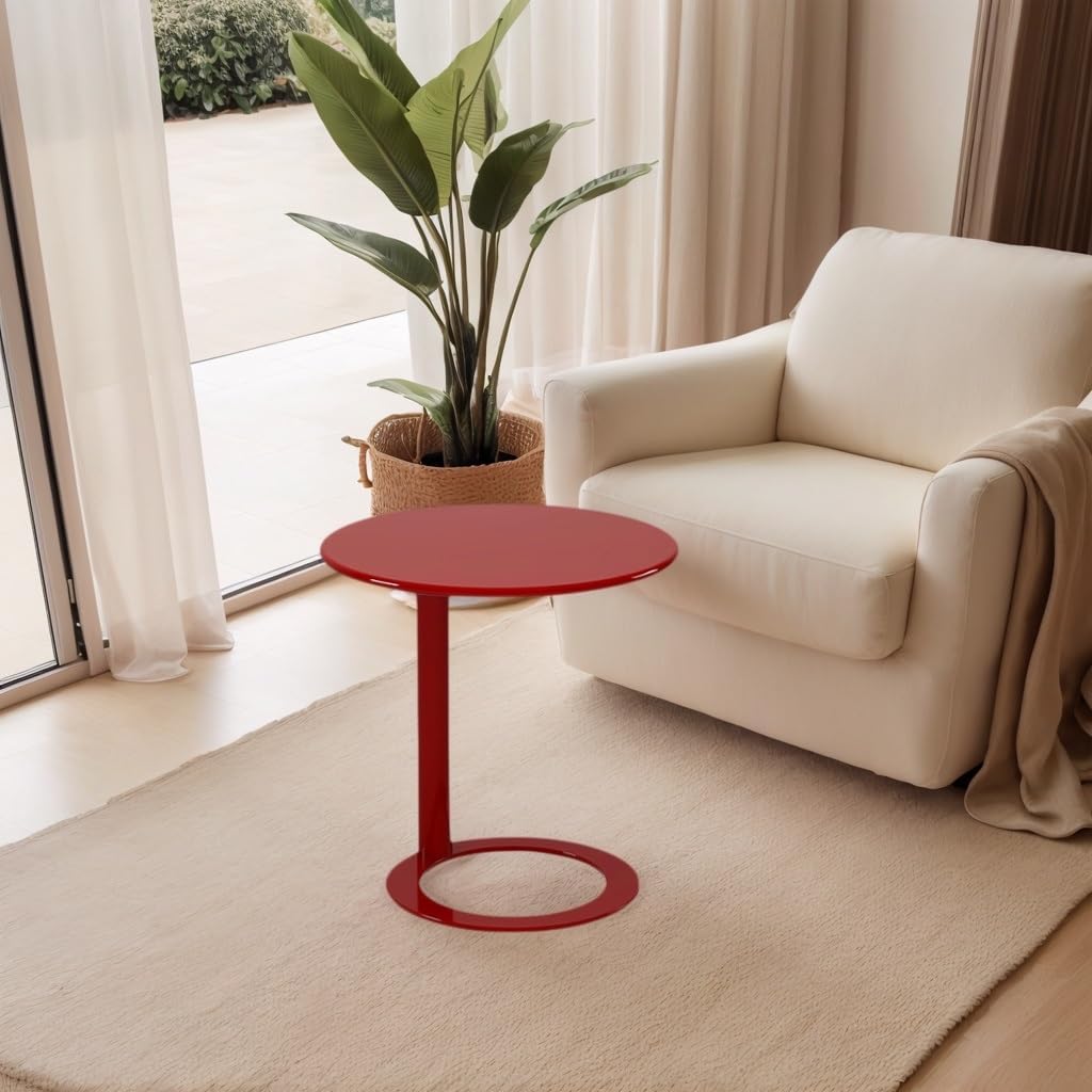 Modern C-Shaped Round Side Table for Living Room, Bedroom, and Office – Metal Coffee, and Bedside Table(Red,18.9 * 18.9 * 27.2in)