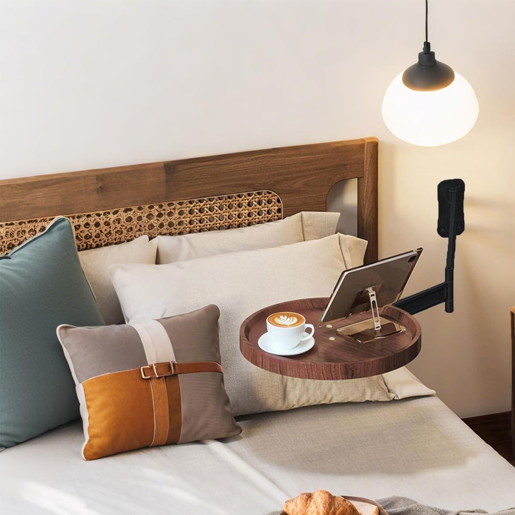 Retractable Wall Mounted Folding Table, Adjustable Sofa Floating Table Balcony Coffee Table, 11.8 Inch Round Wooden Tabletop, Space Saving Design, Adjustable Angle, Acacia Brown (Black)