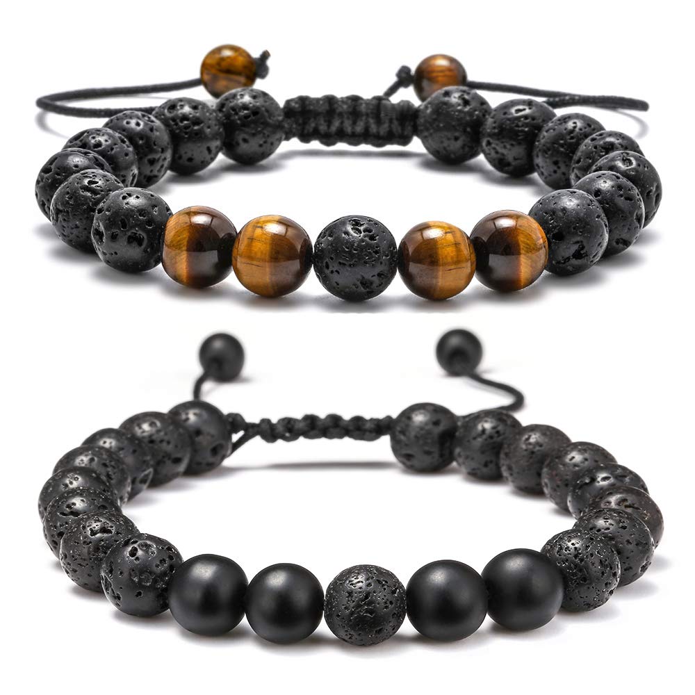 M MOOHAM Natural Stone Bracelets for Men - 8mm Tiger Eye, Matte Agate, Lava Rock - Teen Boys Gifts for Birthday, Anniversary, Christmas