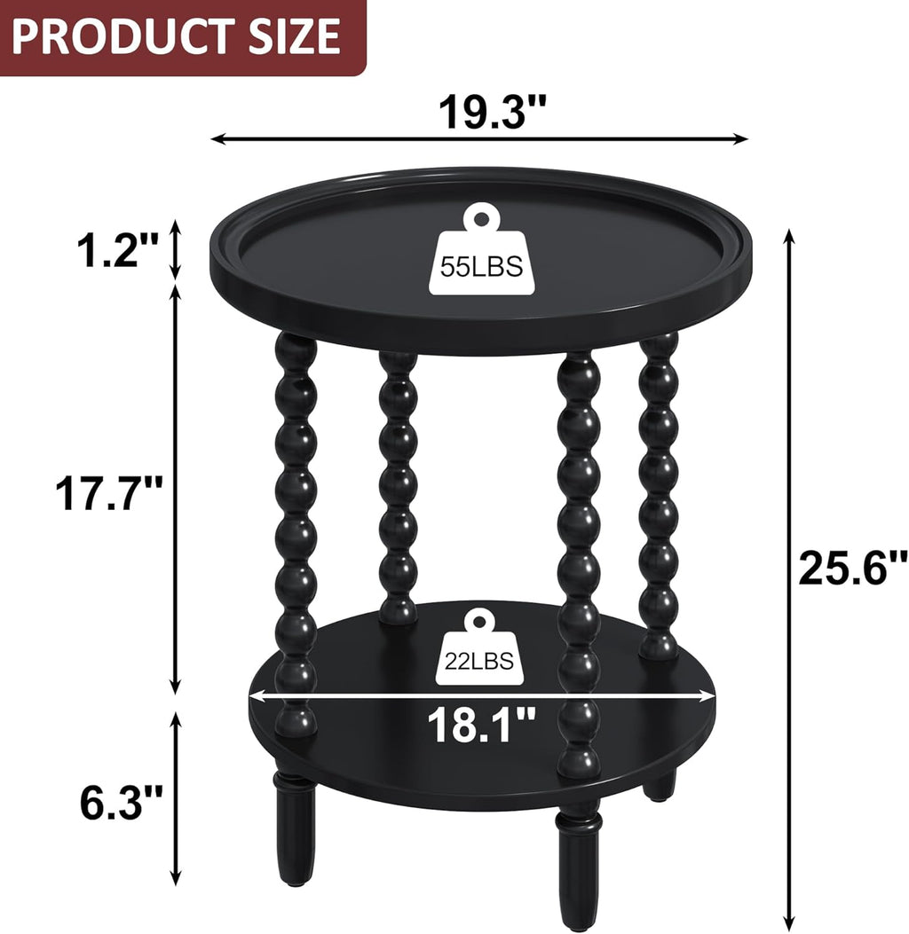 Gadroad Round End Table with Storage Shelf, 2 Tier Couch Side Table, Wood Coffee Table for Living Room, Bedroom, Black 19.3 * 19.3 * 25.6 inches