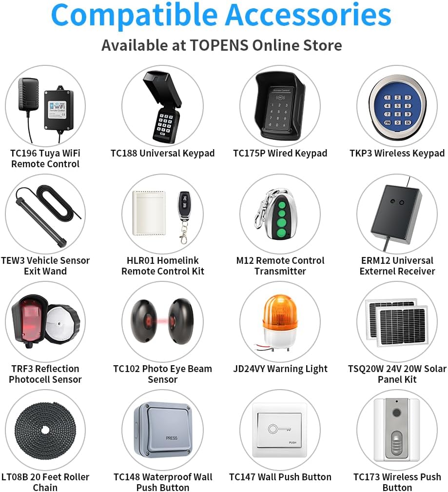 TOPENS DKC1100S Solar Sliding Gate Opener Chain Drive Automatic Gate Motor for Heavy Driveway Slide Gates Up to 2600 Pounds, Electric Gate Operator Battery Powered with Solar Panel Remote Control Kit