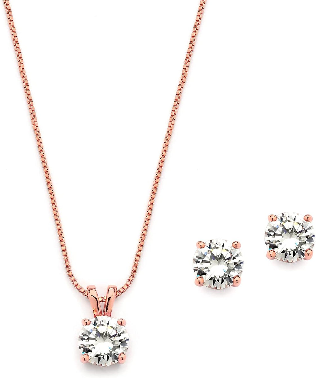 Mariell 14K Rose Gold Plated Cubic Zirconia Jewelry Set - 2cwt Round Pendant with Pierced Stud Earrings