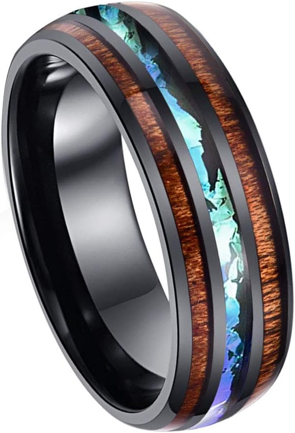 8mm Hawaiian Koa Wood and Abalone Shell Stainless Steel Rings Wedding Bands for Men Comfort Fit