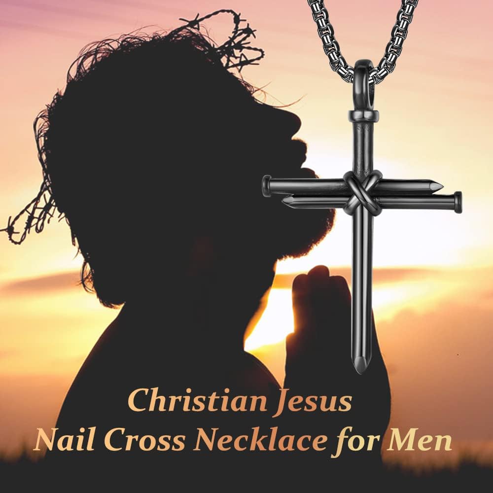 Nail Cross Necklace for Men Stainless Steel Chain 24inch 3 Nails Jesus Cross Pendant Christian Gifts for Dad 3 Colors