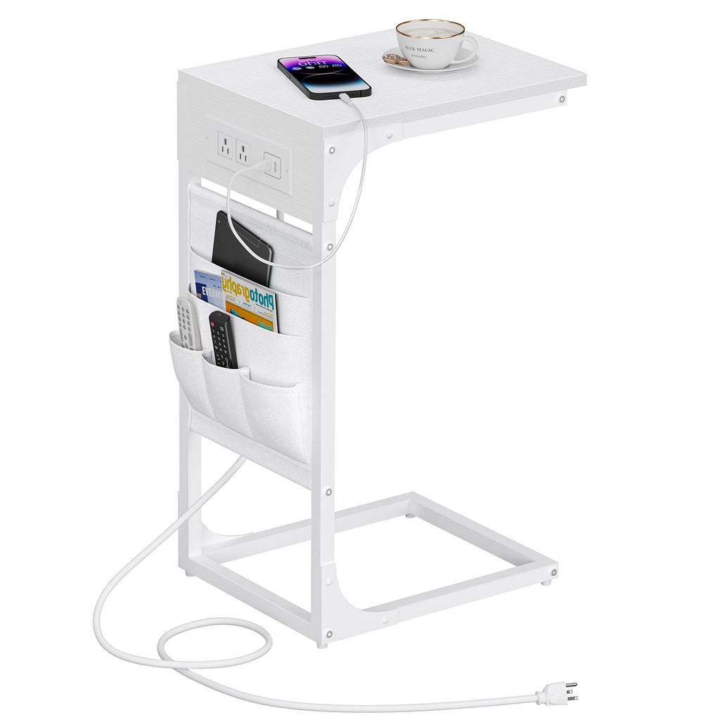 TUTOTAK C Shaped End Table with Charging Station, Side Table for Sofa, Couch Table with Storage Bag, TV Tray with 2 USB Ports and Outlets for Living Room, Bedroom, Brown TB01BB024