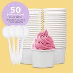 Vasos de papel para helado Promora de 12oz desechables 50 unidades + cucharas, tazones para sopa caliente/postre con cucharas, perfectos para comida caliente y fría, tazones desechables para sopa, tazones para helado, yogur congelado (blanco 12oz)