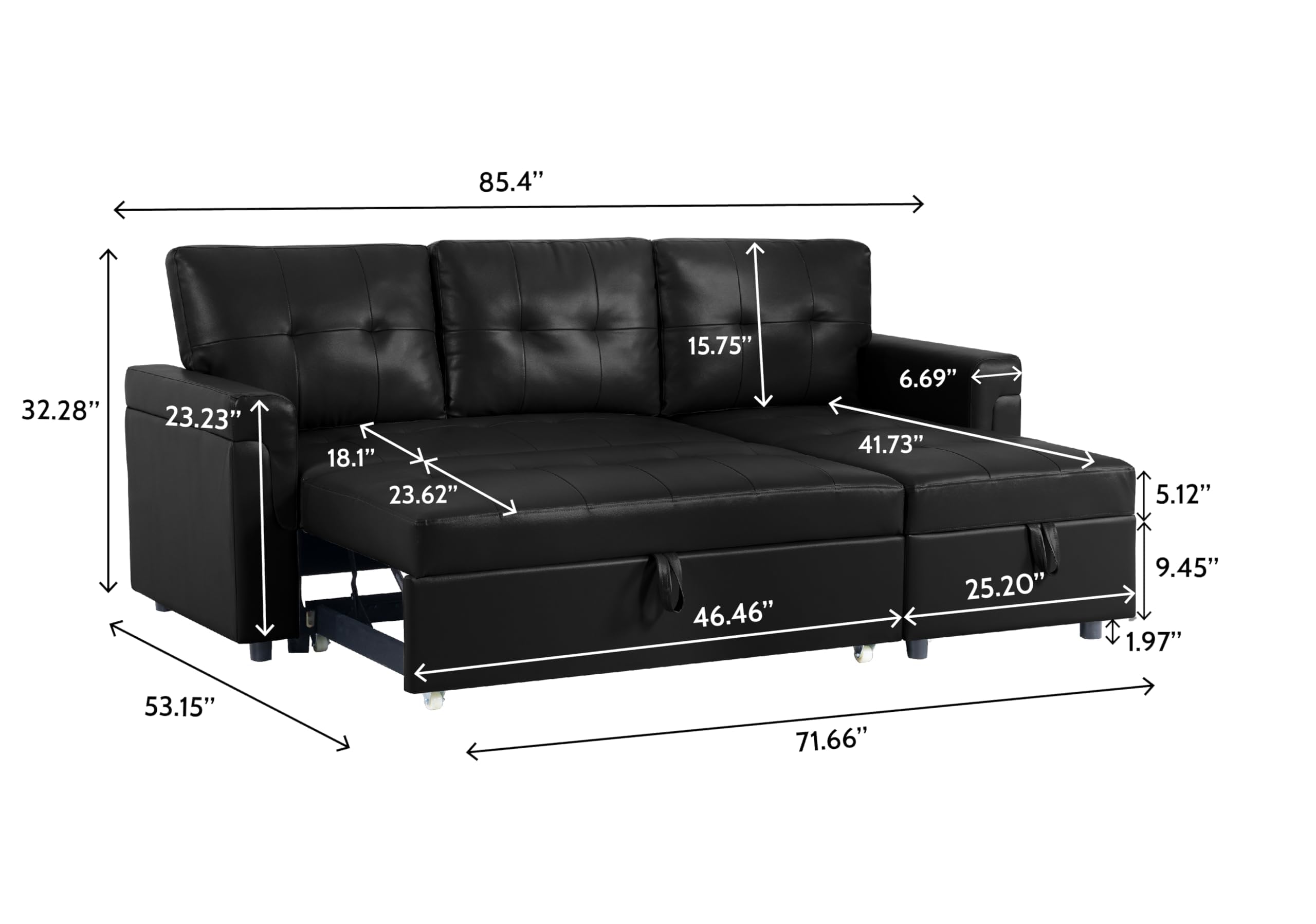 Naomi Home Jenny Sectional Sofa Sleeper with Storage Chaise, Tufted Pull Out Couch with Storage, Sectional Bed, L-Shaped Reversible Sleeper Sofa, Black,Air Leather