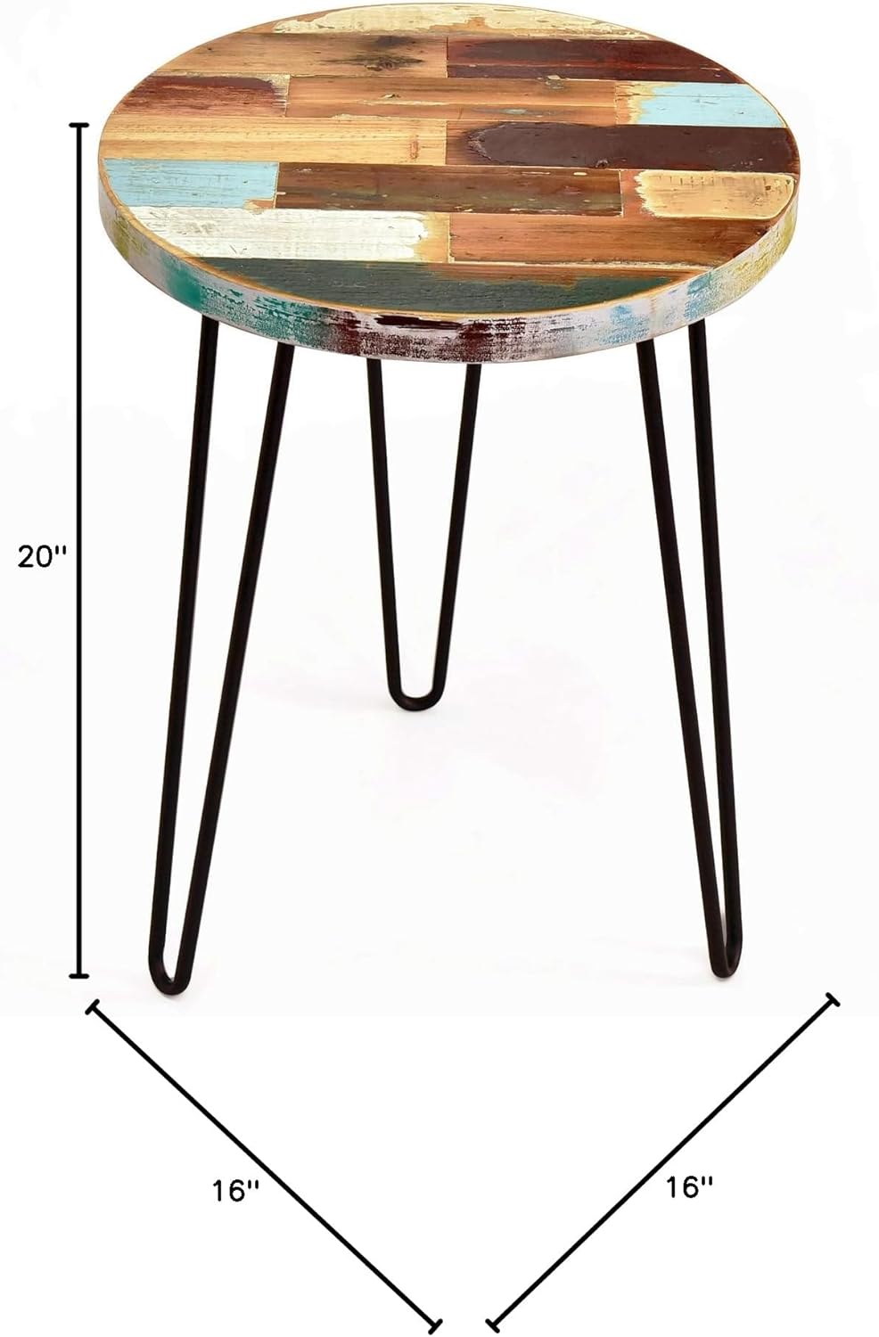 WELLAND Reclaimed Wood Side Table, Round Hairpin Leg End Table, 16" L x 16" W x 20.5" H, Night Stand, Recycled Boat Wood for Living Room, Bedroom, Home Office, Patio