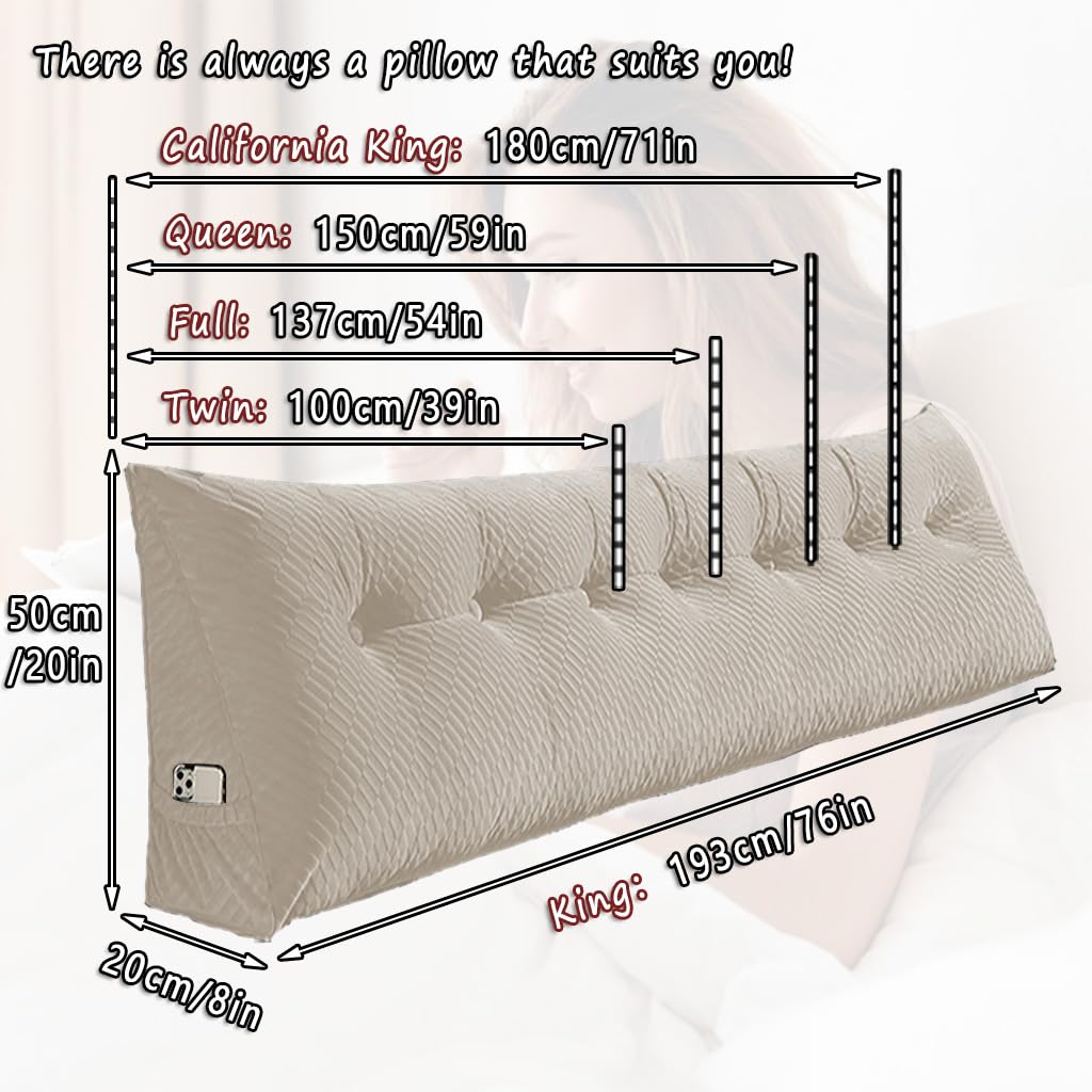 QINFFRRMI Velvet Triangular Wedge Pillow, Removable Cover Headboard Pillow for Daybed, Backrest Positioning Support Pillow Cushion Resting Reading Relaxing(Beige,Twin(39 * 20 * 8in))