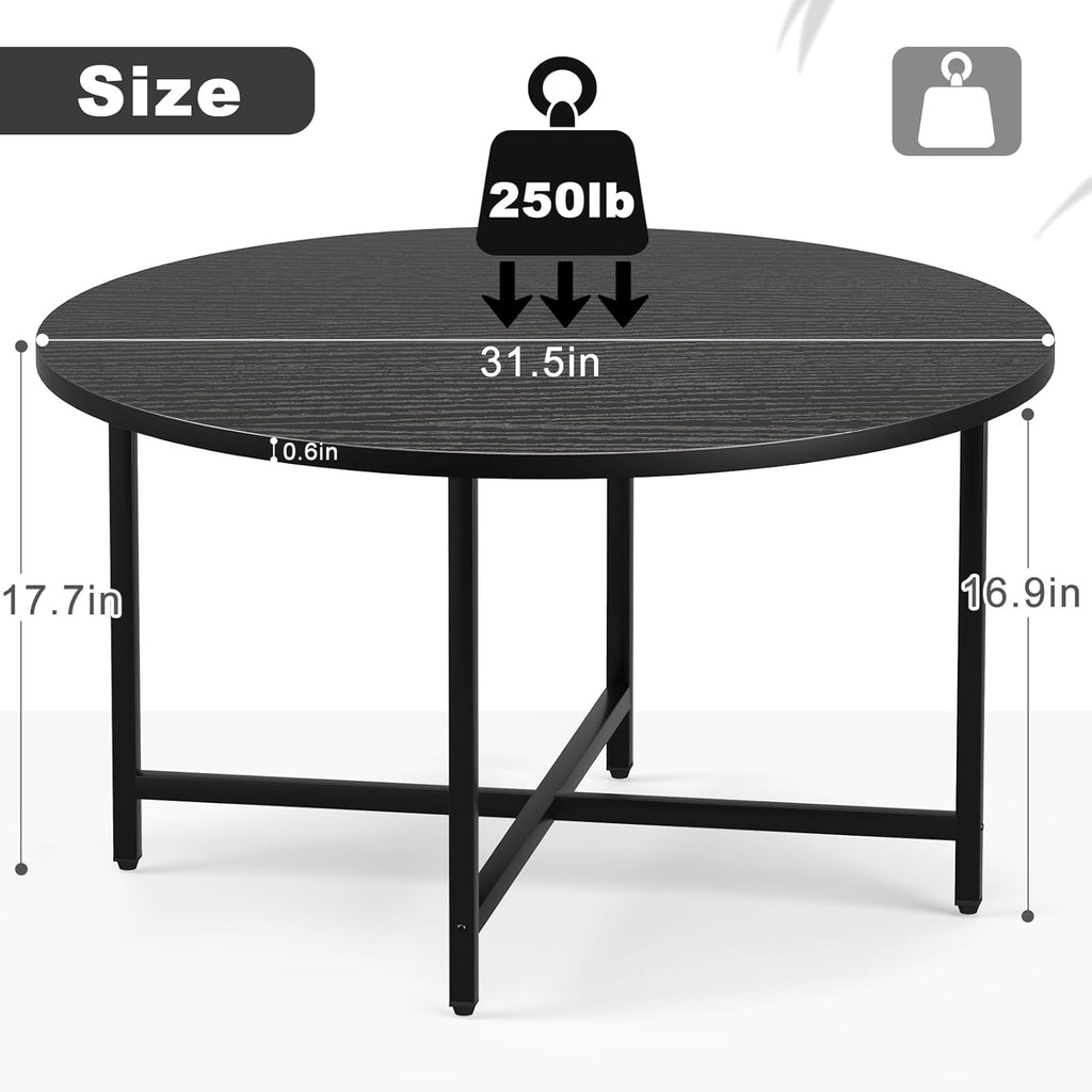 Round Coffee Table, Modern Design Living Room Tables for Indoor & Outdoor, Black Coffee Table for Family & Office Use, Outdoor Coffee Table Round, Large Black (31.5" D x 17.7" H)