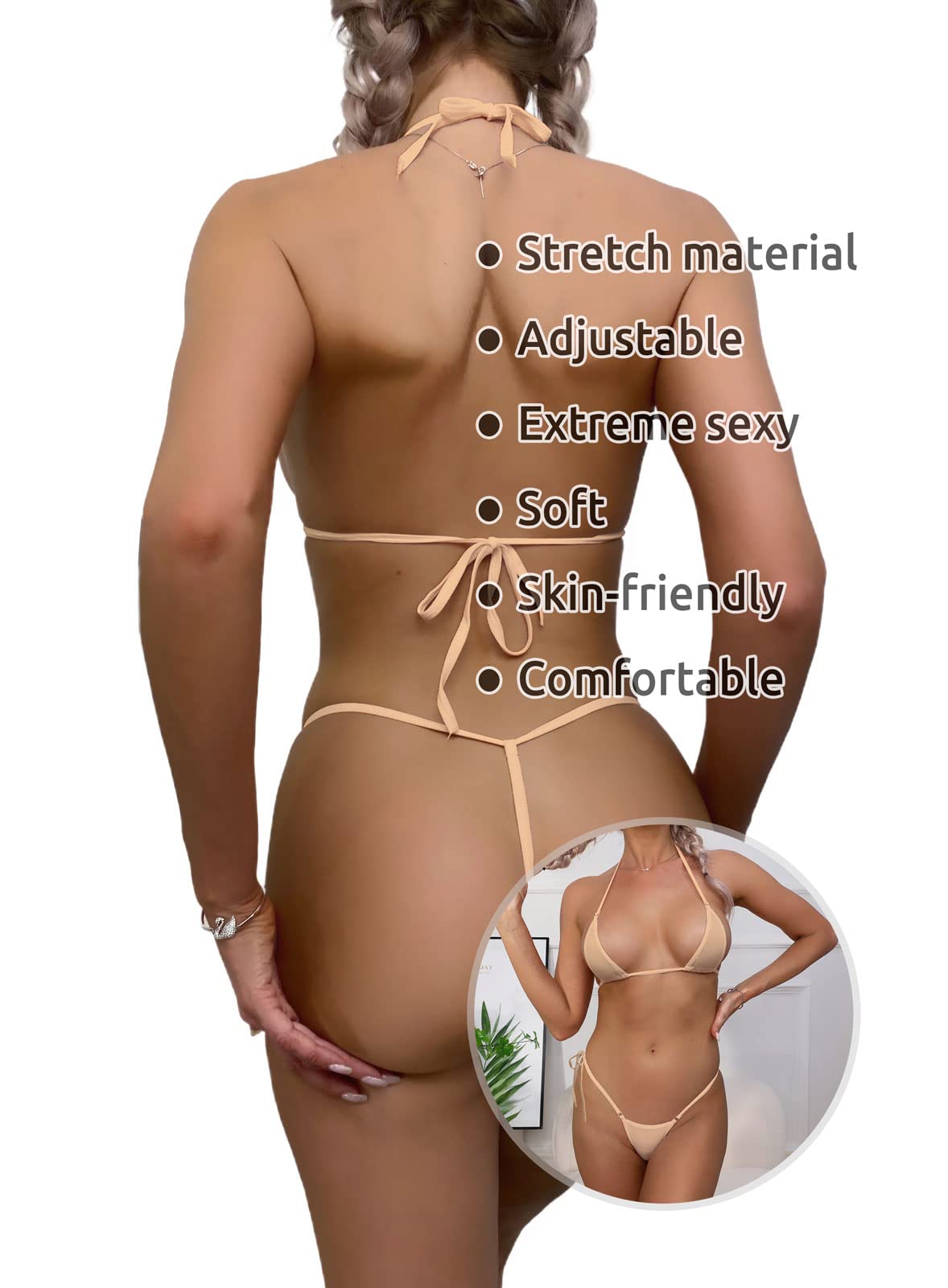 Dadress Extreme Sexy Mini Bikini Sets 2Pcs Swimwear G-String Bottom Swimsuit Micro Bikinis for Women Apricot