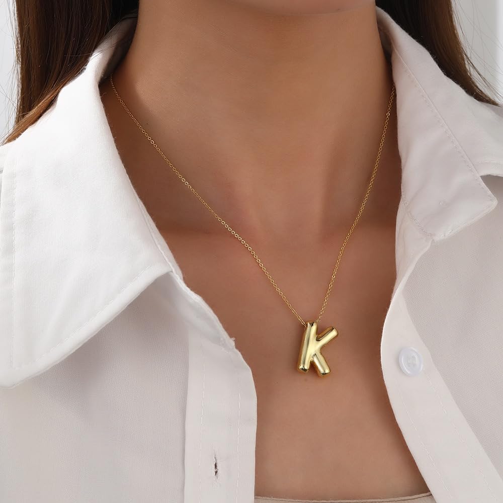 Rhinelife Buchstaben-Halskette mit Blasen-Initialanhänger für Frauen Niedliche Alphabet 14K vergoldetes Design Ballon Puffiger Name Personalisierter Schmuck für Teenager (A)