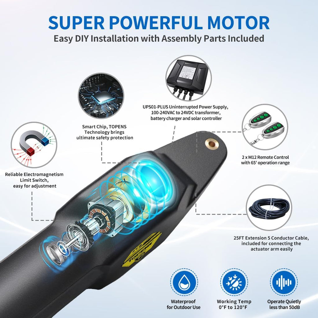 TOPENS JY9132 Automatic Gate Opener for Super Heavy Duty Dual Swing Gates Up to 20ft per Arm, Commercial Double Swing Gate Operator AC Powered with Remote Control Kit Solar Compatible