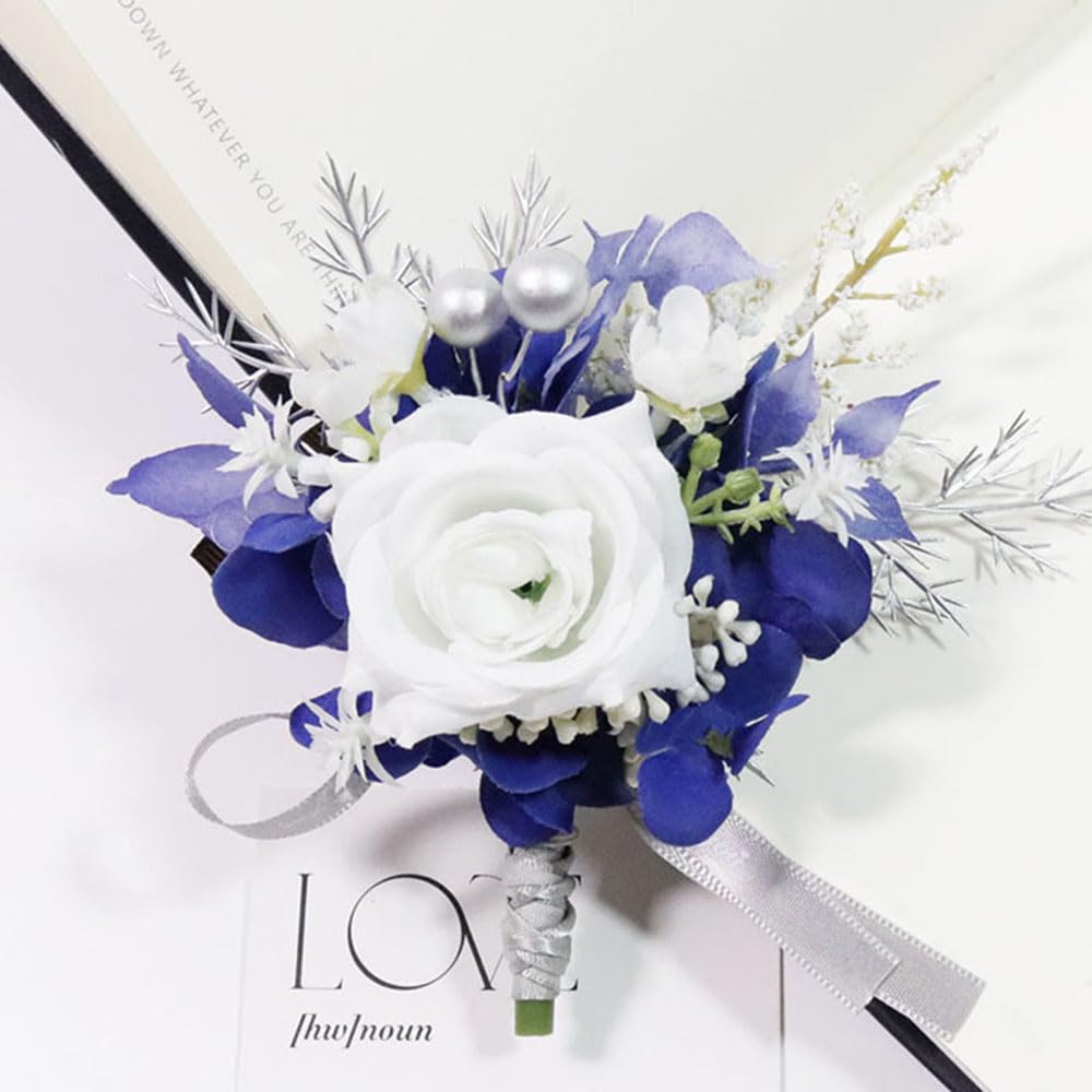 MAFELOE Wrist Corsage and Boutonniere Set for Prom Homecoming Wedding Party Celebration Artificial Flowers Accessories Suit Decor 2 Pieces - White+Navy Blue