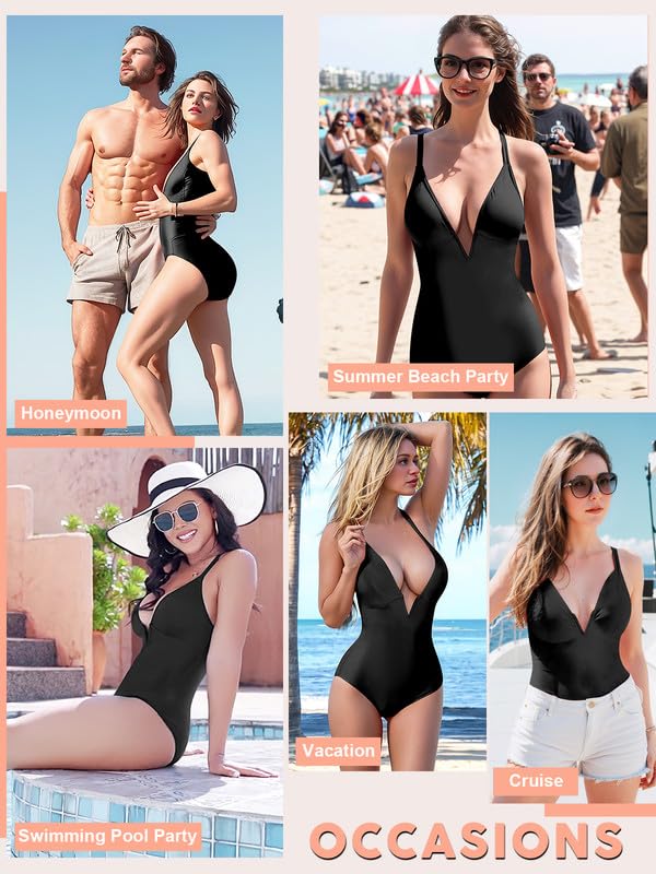 SHAPERIN Women One Piece Swimsuit Tummy Control Bathing Suits Sexy Deep V Neck Spaghetti Strap Push Up Swimwear Monokini Black S