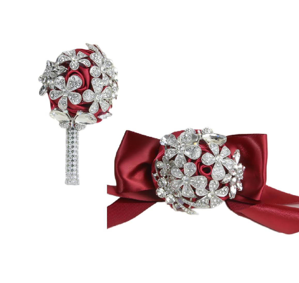 Ansuma Rhinestone Håndled Corsage Boutonniere Sæt, Krystal Broche Dekoreret Satin Rose Blomst til Brud Brudepige Brudgom Bryllup Prom Fest Brude Brusebad Jubilæum (Burgundy)