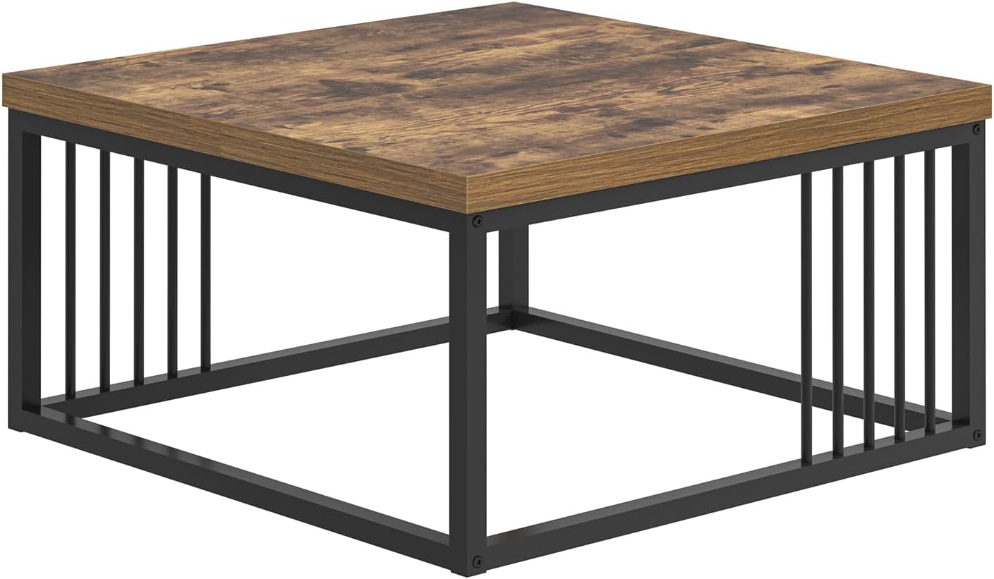 FOLUBAN Modern Coffee Table, Square Center Table for Living Room, Industrial Rustic Wood and Metal Cocktail Tea Table, 31.5 Inch, Brown