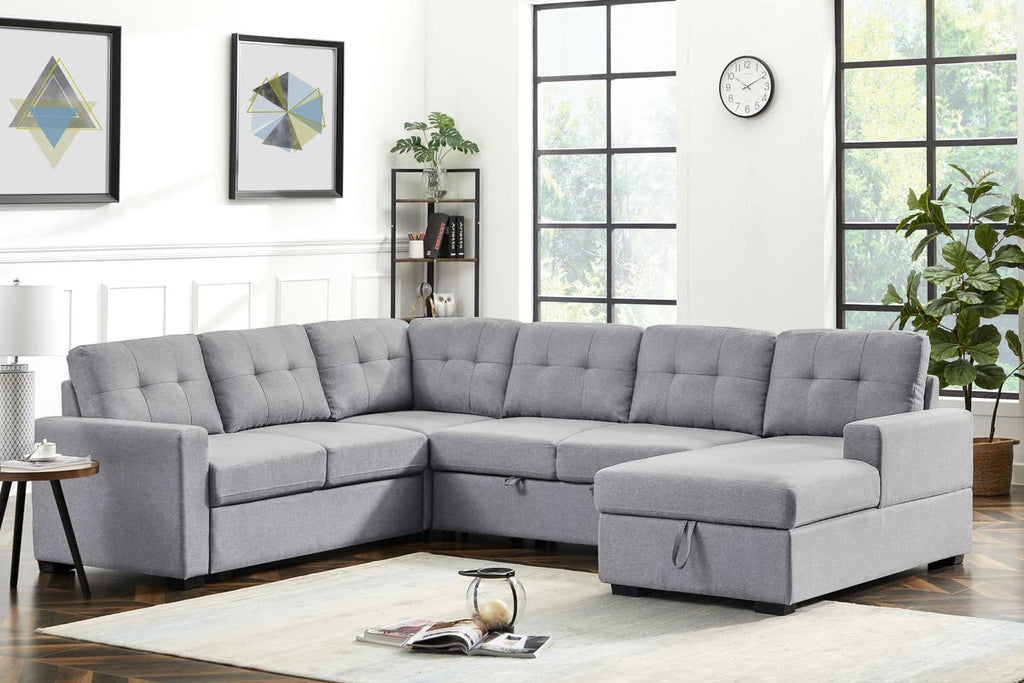 Oversized U-Shaped Sleeper Sectional Sofa Modern Fluffy Corduroy Upholstered Corner Convertible Sofabed with Pull Out Sleeper Couch Bed ,Storage Left Chaise and Pillows for Living Room Furniture Sets