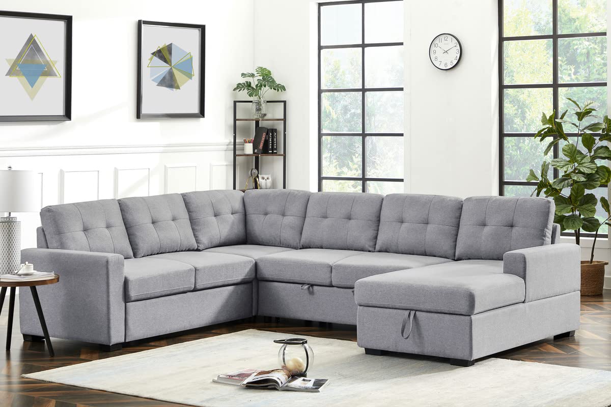 Oversized U-Shaped Sleeper Sectional Sofa Modern Fluffy Corduroy Upholstered Corner Convertible Sofabed with Pull Out Sleeper Couch Bed ,Storage Left Chaise and Pillows for Living Room Furniture Sets
