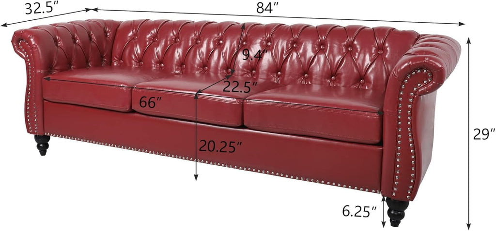 Chesterfield 3 Seater Sofa, Modern Leather Tufted Couch 3 Seater with Rolled Arms and Nailhead Mid-Century Upholstered Couch for Living Room, Bedroom, Apartment and Office, Claret
