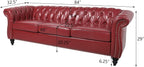 Chesterfield 3 Seater Sofa, Modern Leather Tufted Couch 3 Seater with Rolled Arms and Nailhead Mid-Century Upholstered Couch for Living Room, Bedroom, Apartment and Office, Claret