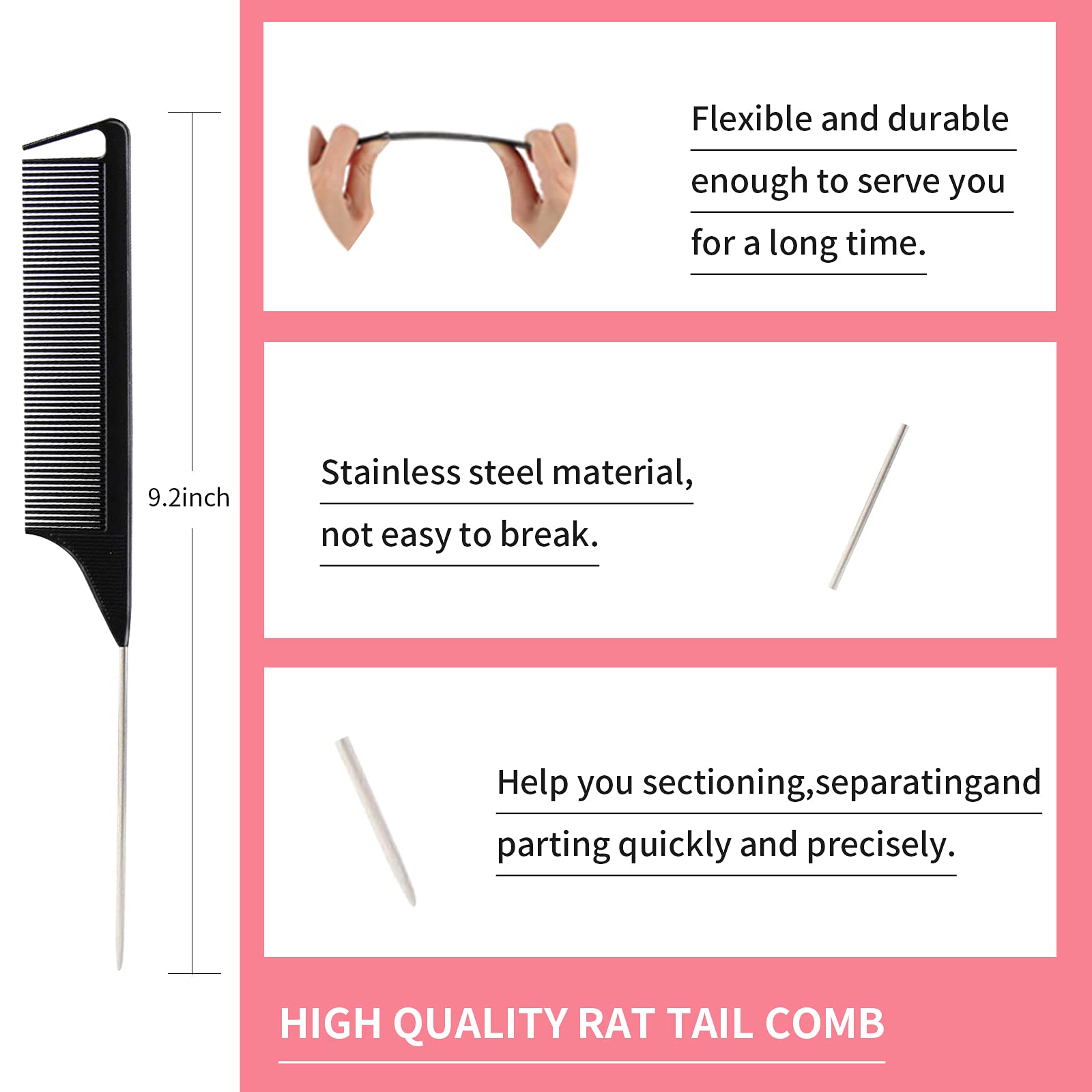 3 Pieces Comb Set for Teasing, Edge & Back Brushing - Rat Tail & Edge Combs for Styling Women's Hair (Black) - Grand Goldman