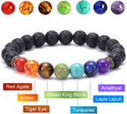 Black Lava Stone 7 Chakra Bracelets, 8mm Yinyang Rock Bead Elastic Natural Gemstones Oil Diffuser Yoga Menditation Beads Bracelets for Men Women Girls Jewelry (6pcs)