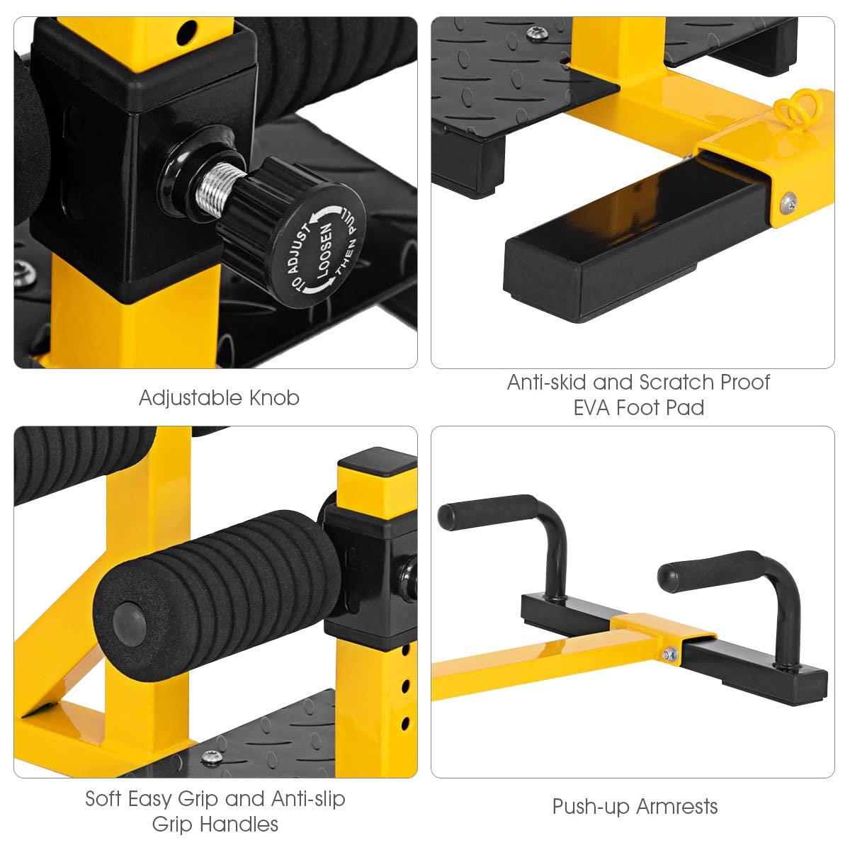 Machine de squat Sissy GYMAX, machine de squat Sissy profonde 3-en-1 avec cercles de sangle et hauteur réglable, parfaite pour les pompes, le squat Sissy et l'entraînement des abdominaux, équipement d'entraînement pour la maison, salle de sport (jaune)
