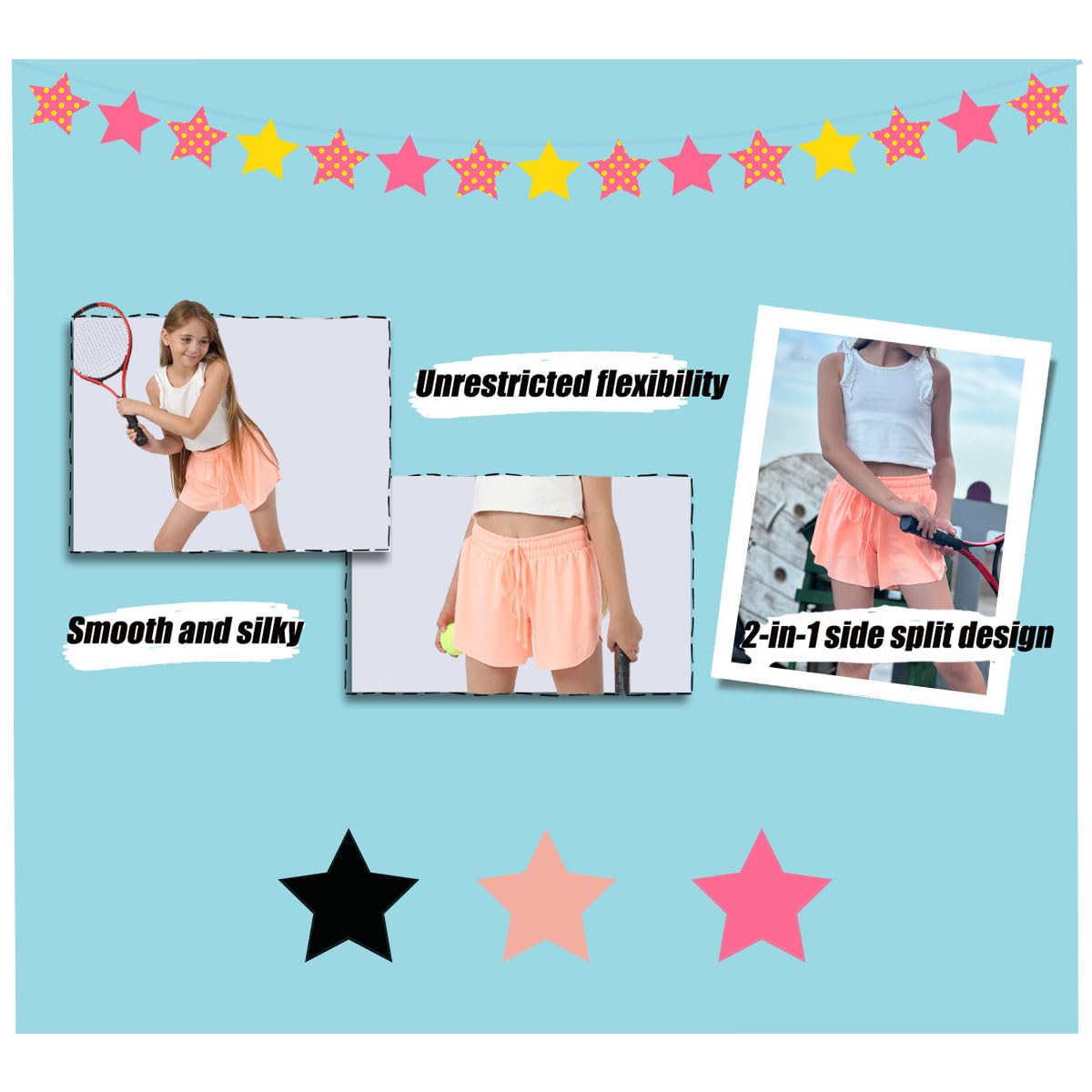 MODERN ASIR 3 Pack Girls Flowy Shorts with Spandex Liner 2-in-1 Youth Butterfly Skirts for Fitness, Running, Sports(Green 7-8years)