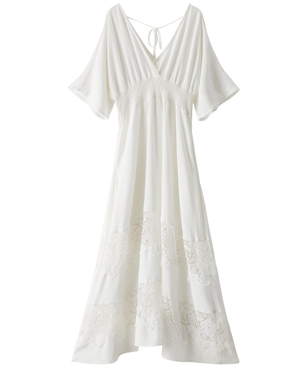 Olaesa Boho Maxi Dress V Neck Short Sleeve Lace Smocked Waist Bohemian Party Dress for Women with Pockets White