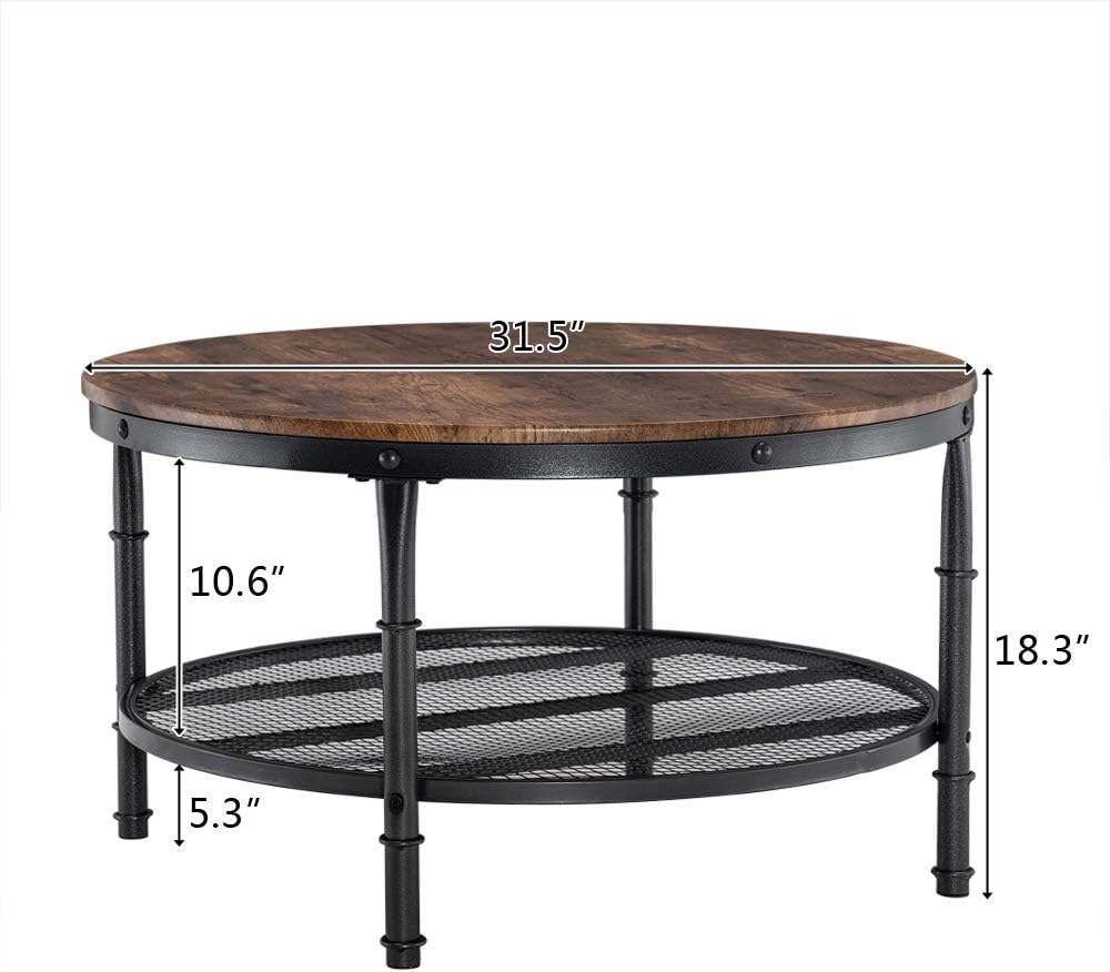 VINGLI Round Coffee Tables Living Room, 31.5" Round Coffee Table with Storage Round Wooden Coffee Table Round Farmhouse Coffee Table, Industrial Coffee Table Rustic Round Coffee Table with Metal Shelf
