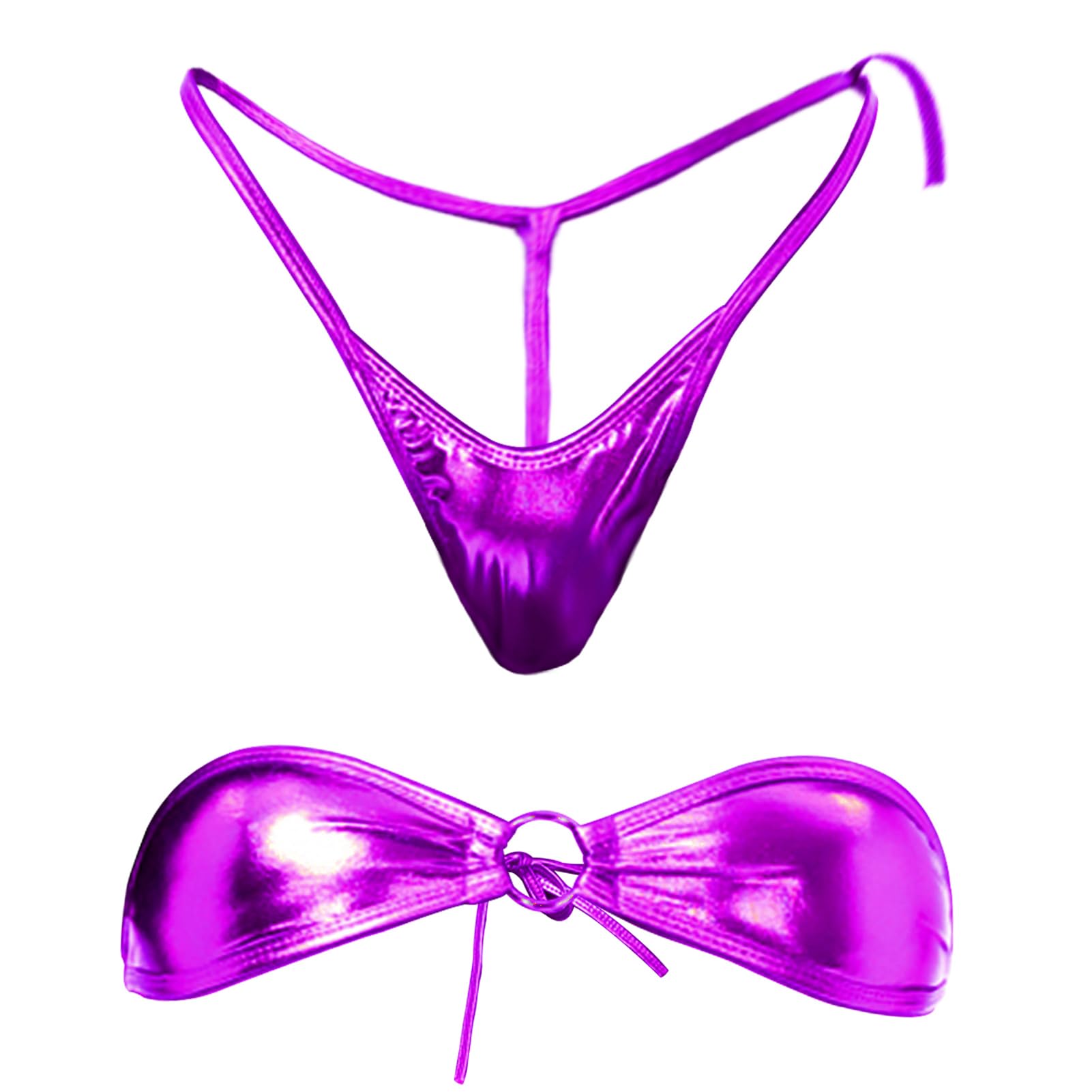 Yevin Women Shiny 2Pcs Bikini Set Sexy Swimwear Halter Neck Bra Tops Thong Micro Beachwear Swimsuit Extreme Lingerie Bathing Suit Purple