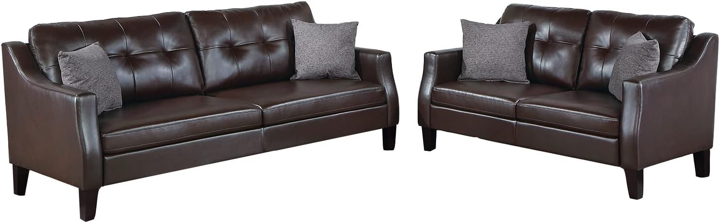 Poundex Faux Leather 2-Piece Set with Accent Pillows Sofas, Dark Brown