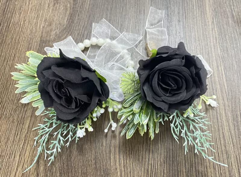 Rikyo Rose Wrist Corsage Wristlet Band Bracelet and Men Boutonniere Set, Corsage for Prom,Bride Hand Flower Flowers Ceremony,Wedding Party Prom Decor,DIY Petals Hair Hat Wreath (Black)