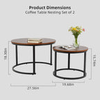 FAHKNS Nesting Coffee Table Set of 2, 27.56" & 19.68" Round Simple Industrial Side Tables for Living Room with Wood Top & Metal Base, Space-Saving Furniture for Small Spaces