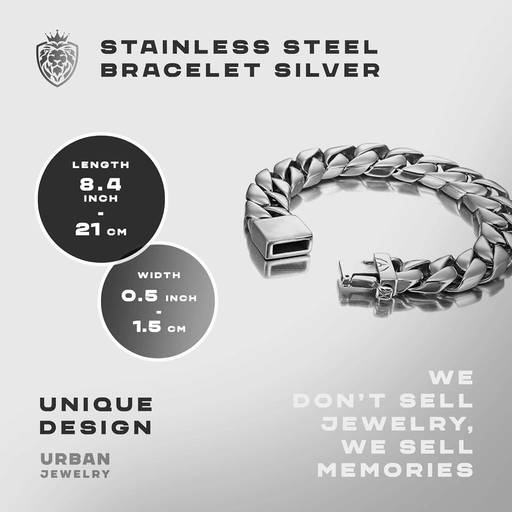 Urban Jewelry Stunning Solid Tungsten Link Bracelet for Men Polished Link, Puzzle, Ceramic Style (Silver, Black, 18K Gold Plated Option)