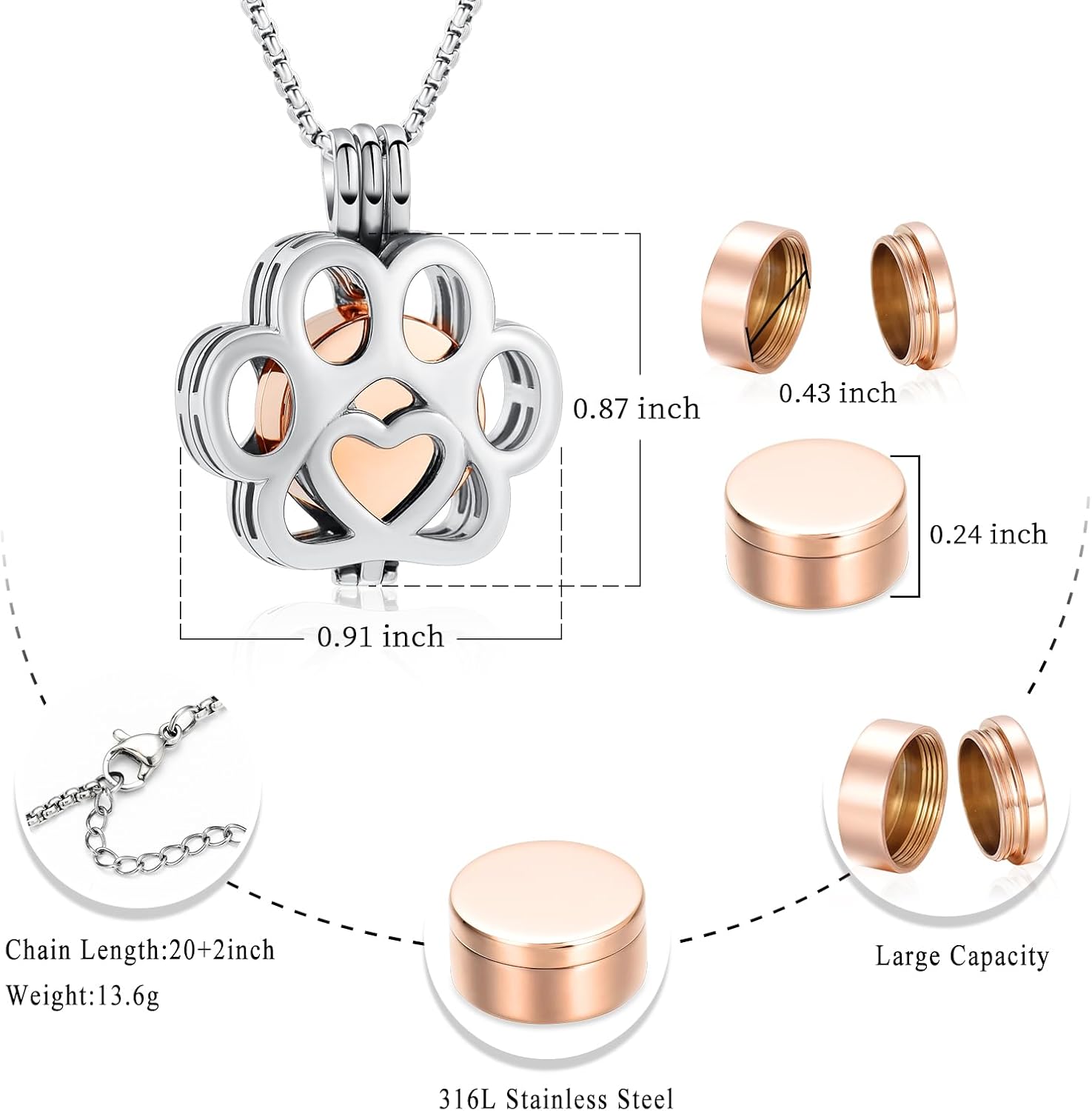 Oinsi Pet Cremation Jewelry For Ashes For Dog/Cat Paw Stainless Steel Memorial Locket Urn Necklace Inside Mini Case Keepsake Cremation Jewelry Women Men