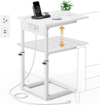 Vagusicc C Shaped End Table with Charging Station, 33" Tall Side Table for Couch, Sofa Table Adjustable Height Couch Side Table Coffee Table, Slide Under Sofa TV Tray C Table for Living Room, White