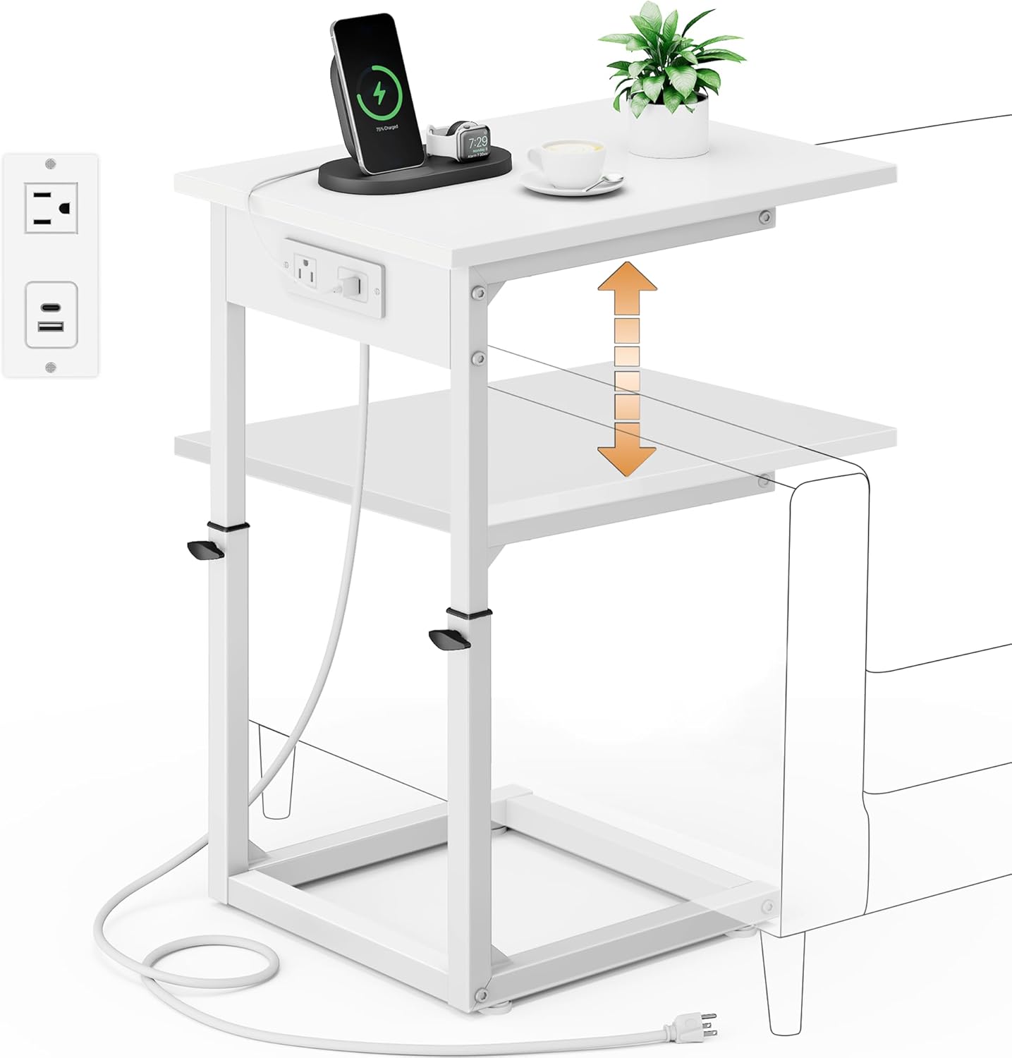 Vagusicc C Shaped End Table with Charging Station, 33" Tall Side Table for Couch, Sofa Table Adjustable Height Couch Side Table Coffee Table, Slide Under Sofa TV Tray C Table for Living Room, White