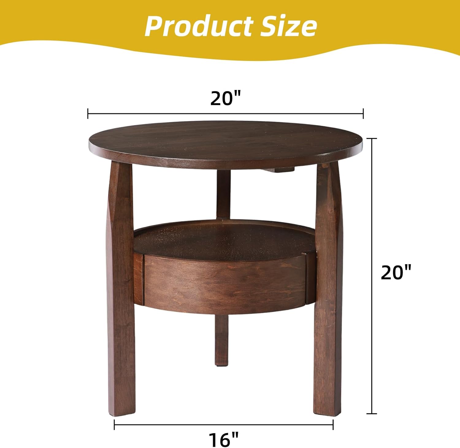 Round Coffee Table with Hidden Drawer - 20" D x 20" H Natural Wood Side Table with Drawer, 2-Tier Rustic Retro End Table with Storage, Small Coffee Table for Living Room, Dark Brown