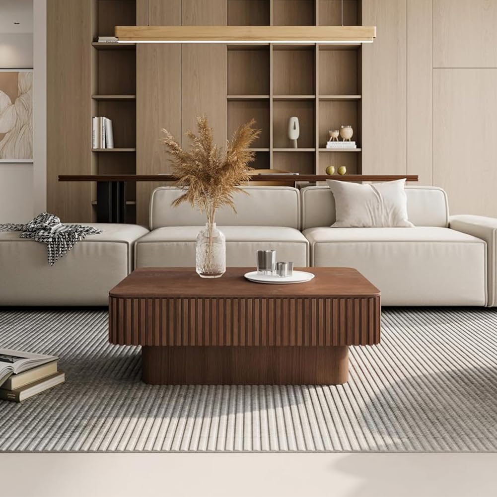 Lift Top Coffee Table with Storage for Living Room Mid Century Modern Coffee Table with Lifting Top Wood Fluted Coffee Tables with Lifts Up Tabletop for Home Apartment Office 38.6" Walnut Rectangle