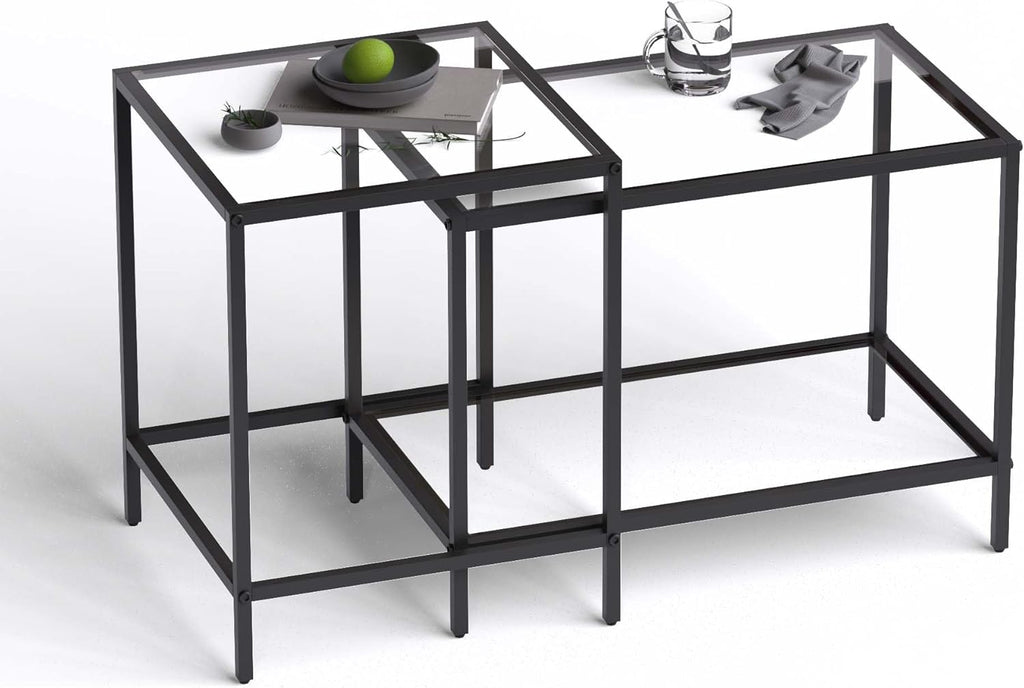 Nesting Coffee Table,Small Glass Coffee Table Set of 2,Black Modern Square Sofa Side Tea Table for Living Room,Bedroom and Small Spaces,2 Tier Tempered Glass with Sturdy Metal Frame, Easy Assembly
