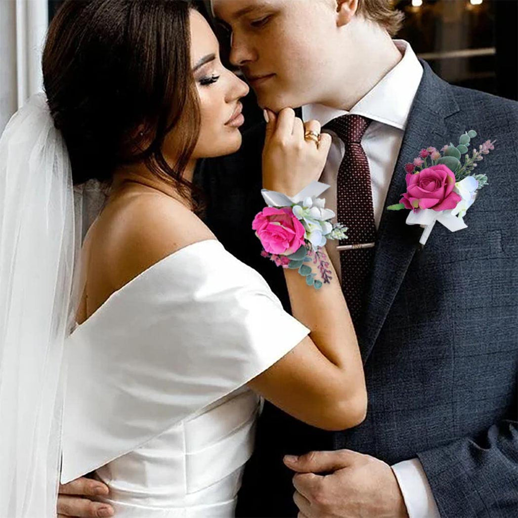 Campsis Wedding Corsage Boutonniere Set Pink Rose Flower Wrist Bride Buttonholes Flower Decor Bride Girls Lady Accessories for Prom and Dinner Party(2pcs)