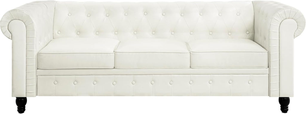 Emery Chesterfield 3 Piece Living Room Sectional Sofa Set Rolled Arms, Tufted Cushion Sofas for Living Room Set Includes Sofa, Loveseat Couch, Accent Arm Chair / Easy Tool-Free Assembly – Off White