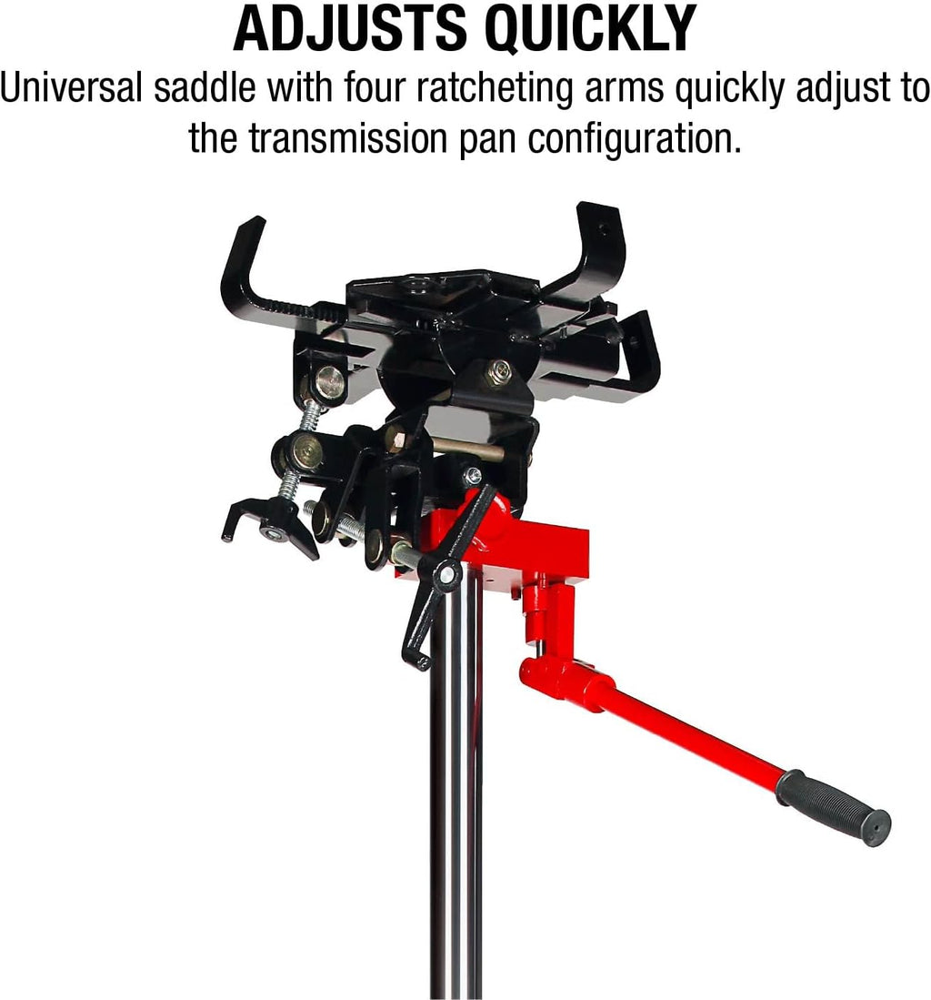 Sunex Tools 7796 1,000 lb Telescopic Transmission Jack, Air/Hydraulic, Foot & Hand Pump, Adjustable Saddle Arms, 73.5 in Max Height