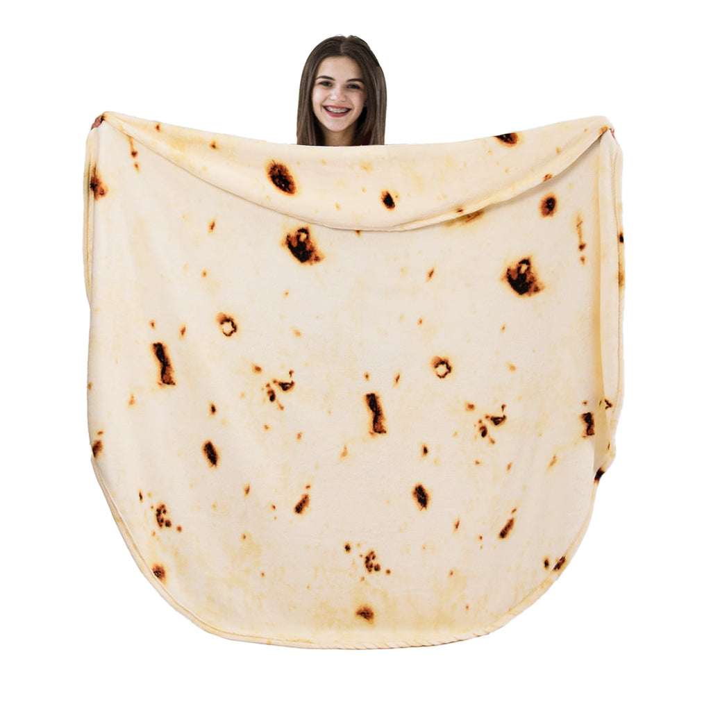 Vessia Burritos Tortilla Blanket Throw Size(Beige,71 inches), Giant Realistic Funny Food Throw for Adults and Kids, 300 GSM Double Sided Soft Novelty Round Taco Blanket