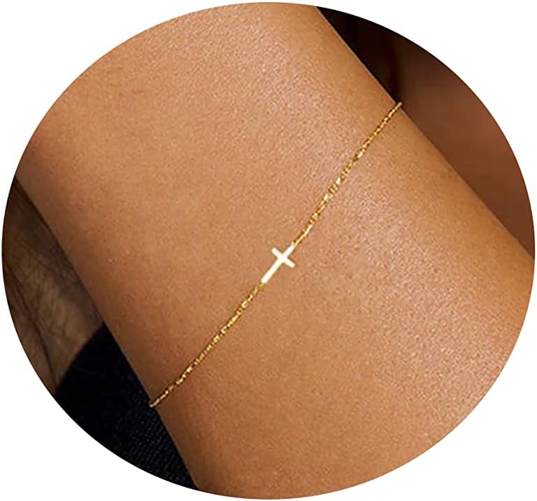 18K Gold Plated Pearl Beaded Chain Cross Bracelets for Women Adjustable Stainless Steel Dainty Thin Gold Box Cuban Twisted Link Chain Bracelet Bridesmaid Jewelry